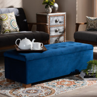 Baxton Studio BBT3101-Navy Velvet/Walnut-Otto Roanoke Modern and Contemporary Navy Blue Velvet Fabric Upholstered Grid-Tufted Storage Ottoman Bench